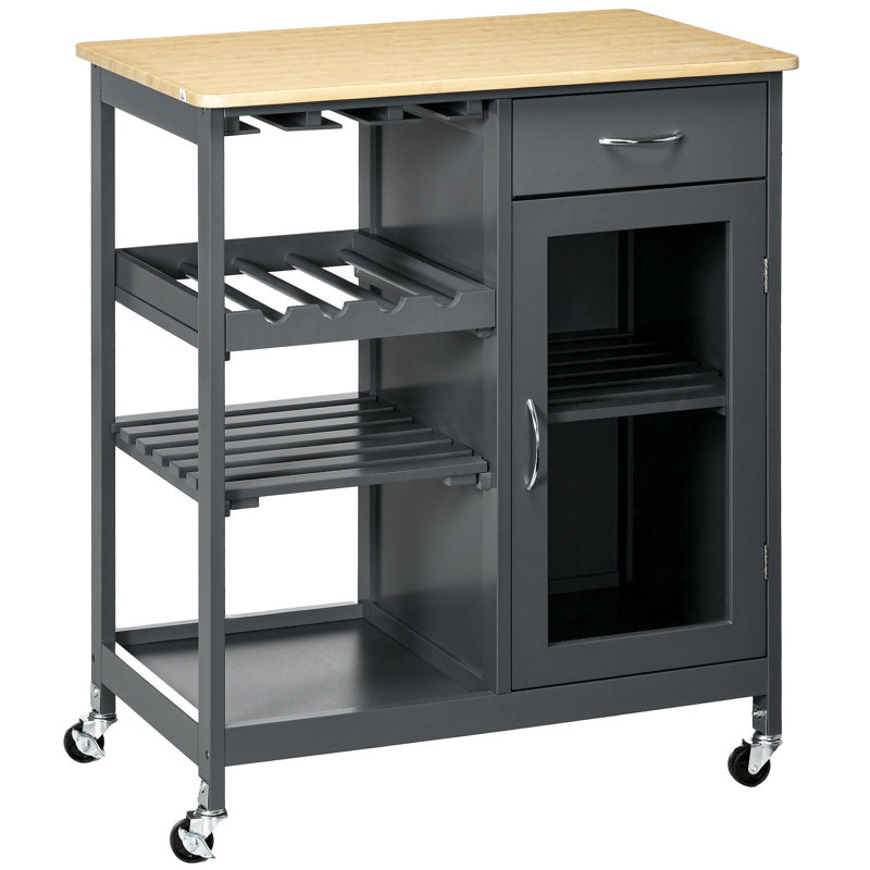 Îlot de cuisine roulant avec rangement, chariot de cuisine avec support à vin pour 4 bouteilles, chariot de bar avec porte-verres à pied, tablettes, tiroir et armoire, gris
