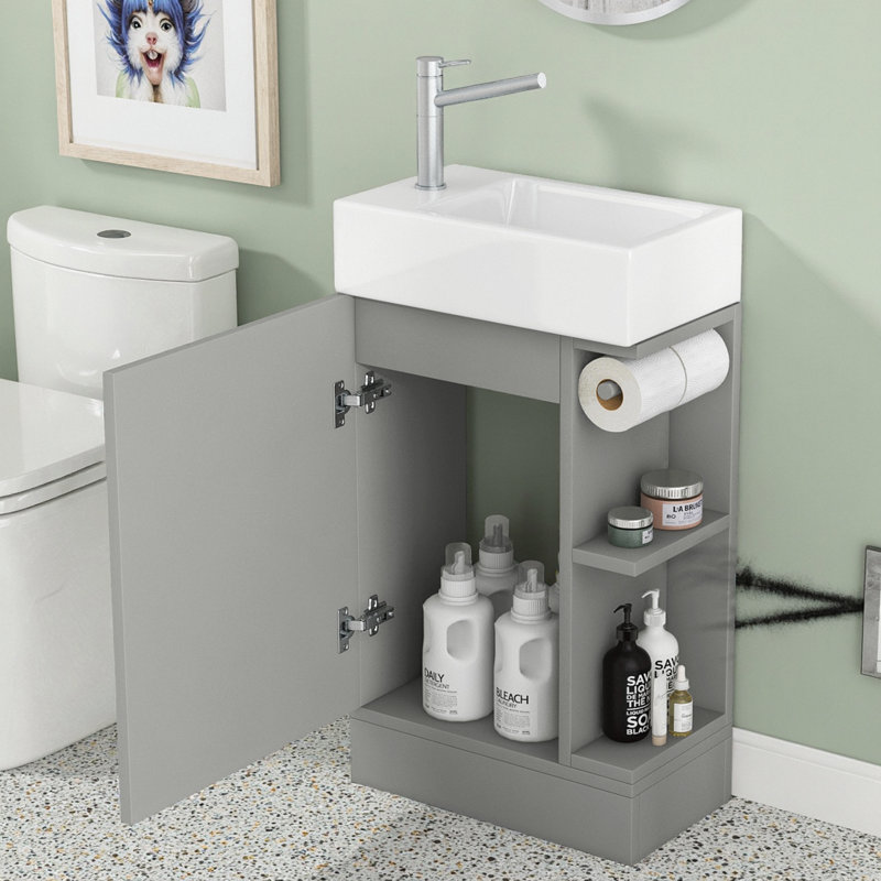 Meuble-lavabo moderne 18,6 po en MDF naturel avec lavabo en céramique, tablette réversible et porte-papier hygiénique, armoire de rangement moderne