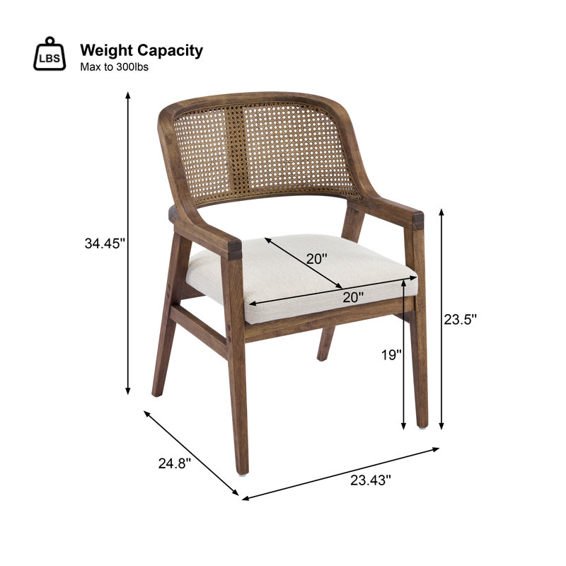 Ansel Mid-Century Modern Rubberwood Dining Chairs with Cane Back and Upholstered Seat, 2, Beige Cushion/Walnut Frame
