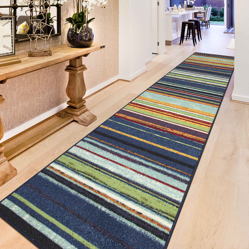 Multicolor Striped Non-Slip Synthetic Runner Rug, 2'7" x 9'10"