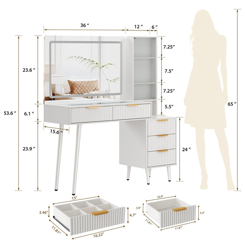 Bureau de coiffeuse avec miroir, grande coiffeuse de l 48 po avec 5 tiroirs et tablettes de rangement ouvertes, coiffeuse pour la chambre