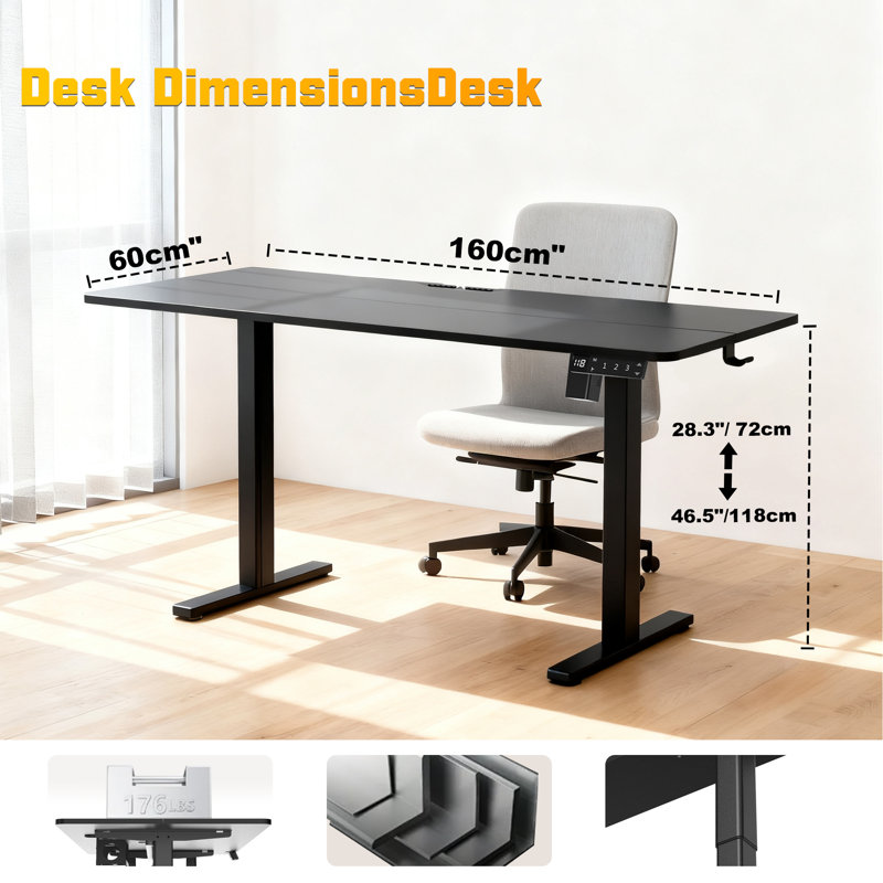 Electric Adjustable Office Desk for Standing & Sit Height adjustable for Home, Black/Black, 63" W x 23.6" D x H Adjust 