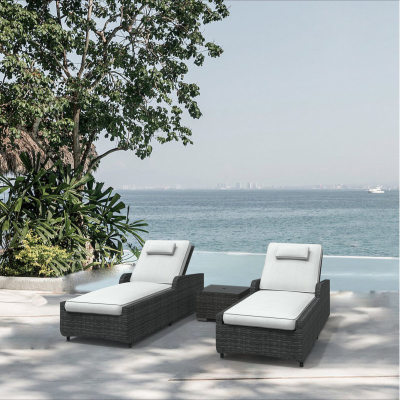 Griffing 29.53" Long Reclining Outdoor Chaise Lounge Set with Cushions and Table, Mixed Brown