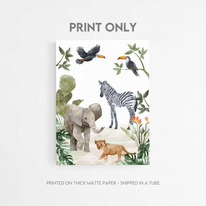 Impression de chambre de bébé Jungle Babies, style aquarelle (plusieurs tailles disponibles), 7" H x 5" W, Frameless Print