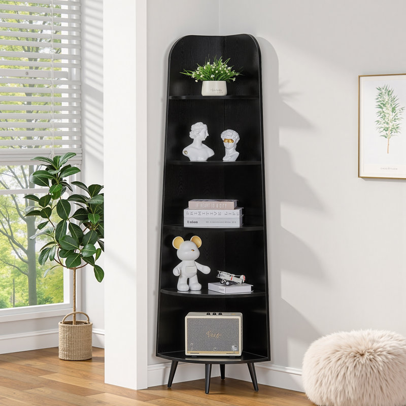 5 Tier Tall Corner Shelf Stand Bookshelf,  Corner Storage Organizer, Wooden Display Rack Etagere, Narrow Bookcase Plant Stand for Small Space