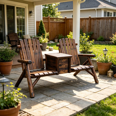 Causeuse double Adirondack avec seau à glace et bonde, banc d'extérieur en bois pour 2 personnes avec tables d'appoint intégrées, capacité de 550 lb brun rustique