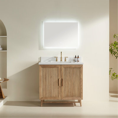 Meuble-lavabo de salle de bain autoportant 36 po entièrement assemblé en bois massif avec plateau blanc d'ingénierie entièrement assemblé