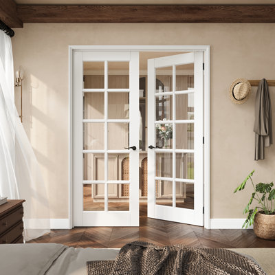 56" X 80" 10-Lite Clear Glass French Door With Black Hinges, Clear Glass Door Slab With Frame, French Interior Door As Pantry Door, Bedroom Door, Laundry Door, Closet Doors, Room Doors, Latch & Door Lever Included