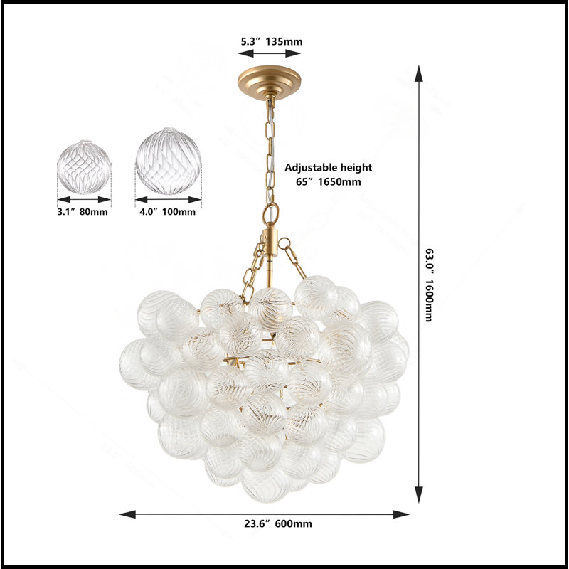 Lustre suspendu en or 20 pouces avec abat-jour sphérique en verre transparent fileté - Hauteur réglable, idéal pour le salon, la salle à manger, la cuisine (sans ampoules) 