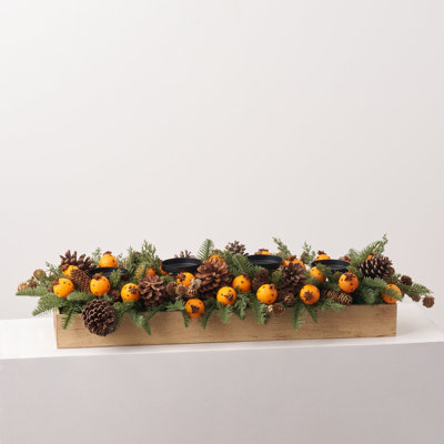 Mixed Pine and Orange Advent 4-Pillar Candle Centerpiece in Wood Trough