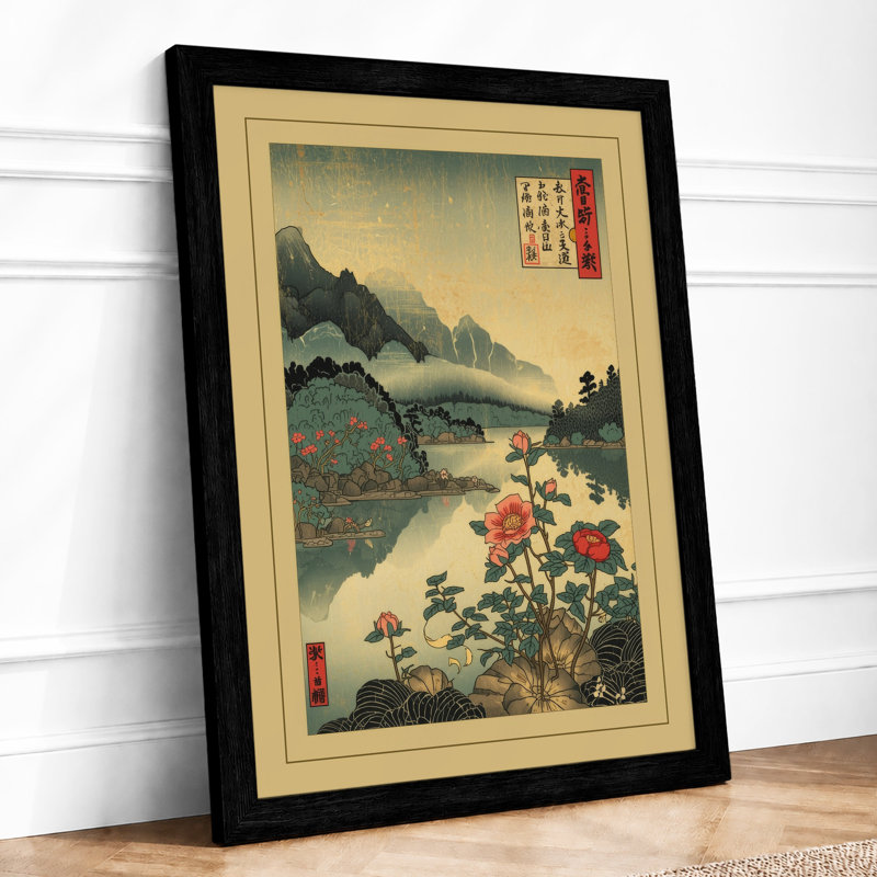 Peonies Over Mountain Vale Japandi - Print, Black, A3 - 42.0 x 29.7 cm