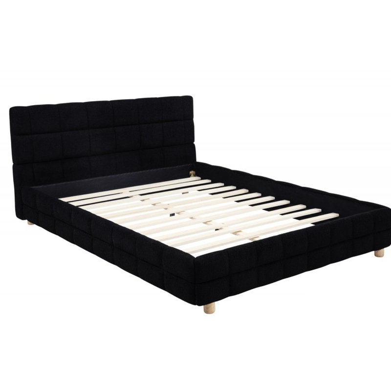 Grand lit moderne noir avec grille rembourrée en molleton - tête de lit, bois franc d'ingénierie, rails latéraux et quincaillerie de base de la tête de lit à plateforme à profil bas requise pour l'assemblage