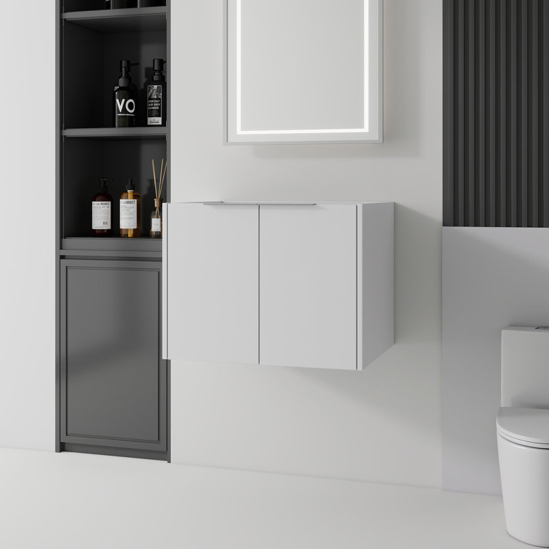 Meuble-lavabo mural en contreplaqué blanc avec rangement à double porte, meuble seulement