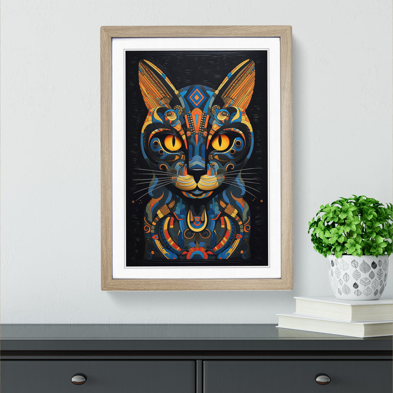 XYZ-FRM-V1223-618 Egyptian Cat Neo-Plasticism - Single Picture Frame Print on Wood, 64cm H x 46cm W x 2cm D, Oak 