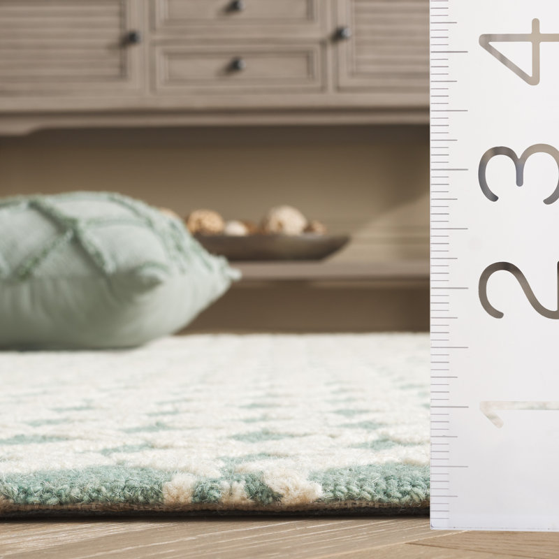 Ivory and Light Blue Geometric Handmade Wool Tufted Rug 4' x 6'