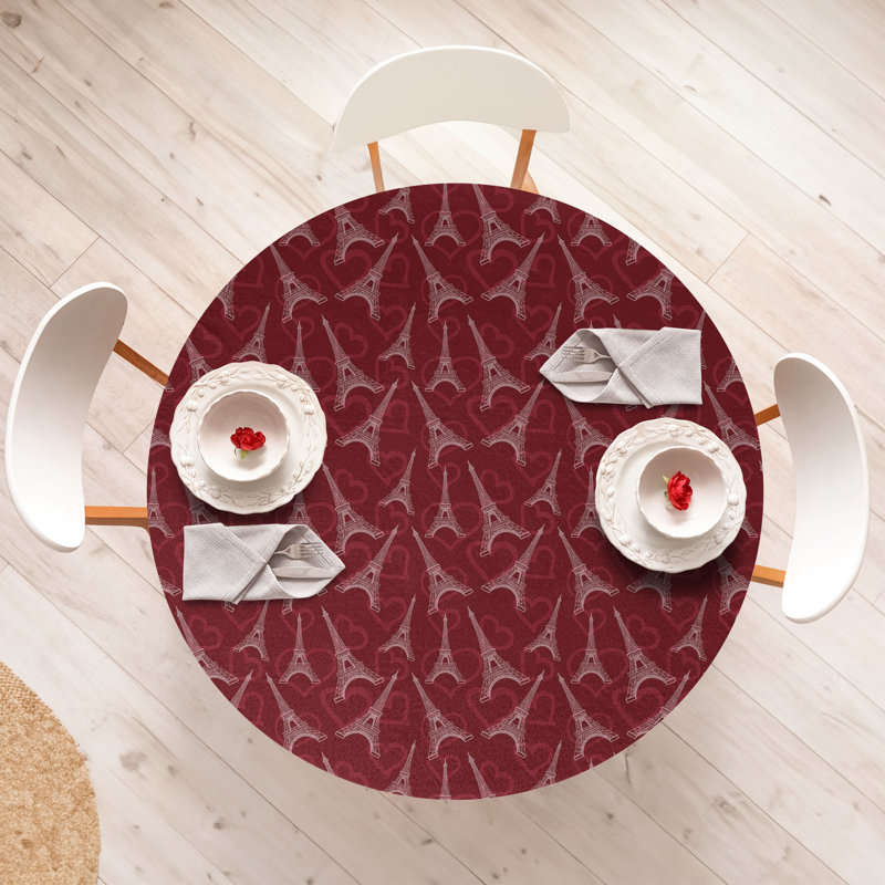 Eiffel Tower Fitted Round Tablecloth Maroon Dried Rose Ruby, 64.17" Round