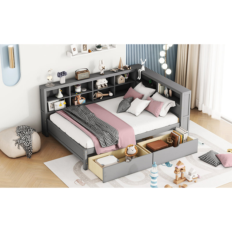 Lit de jour double avec 2 tiroirs, unités de chargement et de bacs gris, rangement