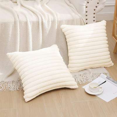 Faux Fur Plush Throw Pillow Covers 18X18 Set Of 2, Luxury Soft Fluffy Striped Decorative Pillow Covers For Sofa, Couch, Living Room, Cream White