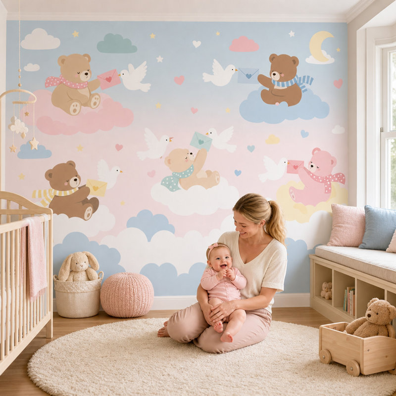 Papier peint chambre de bébé mignon ours en peluche amovible ciel pastel, 100 po x 96 po, Peler et coller