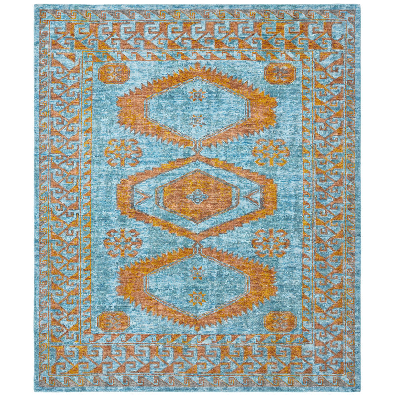 Tribal Elegance Orange/Rust/Grey Hand-Knotted Wool Area Rug, Rectangle 12' x 15', Blue