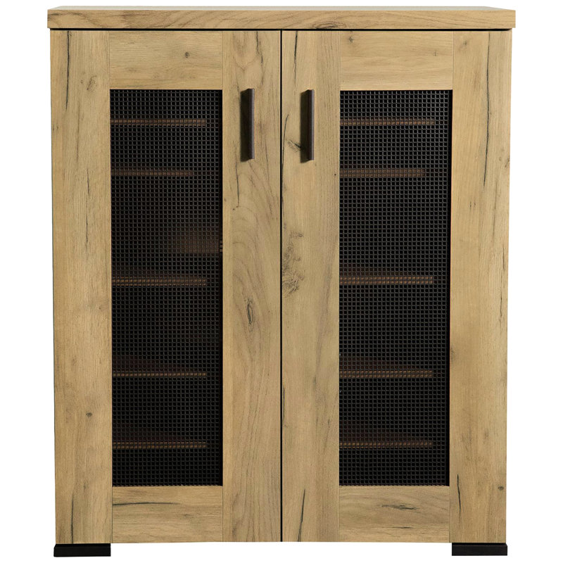 Golden Oak Storage Cabinet With Mesh Doors - Ideal Shoe For All Locations, 6 Compartments, 4 Adjustable Shelves, Rustic Look Screens Neat Feel