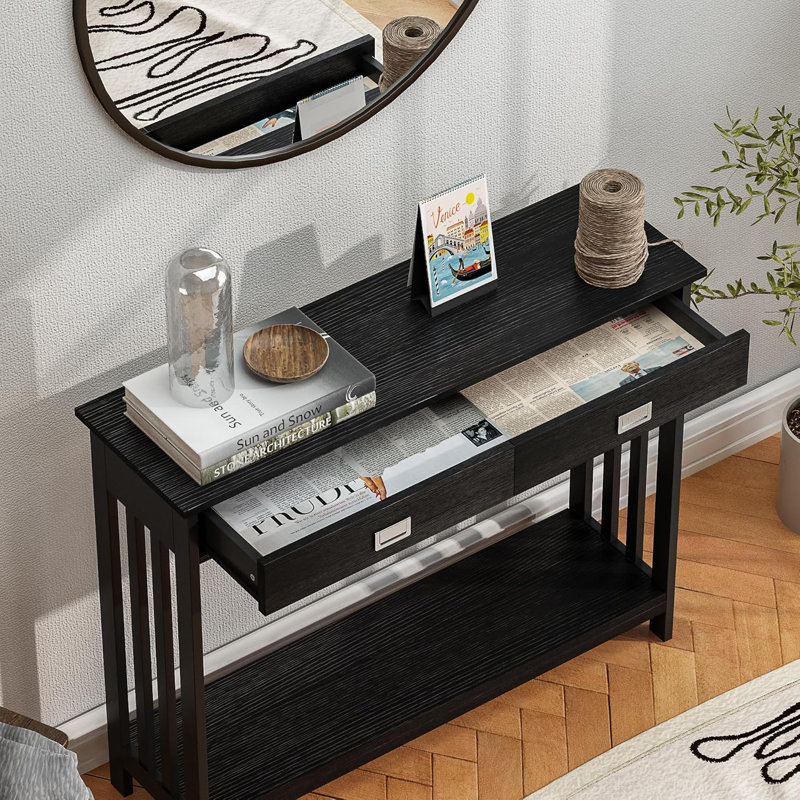 Black MDF Narrow Console Table with Drawer and Storage Shelf