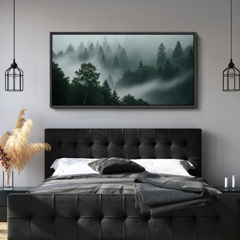 «Misty Pine Forest Landscape», art mural sur toile - photographie sereine inspirée de la nature, H 30 po x l 60 po, Noir