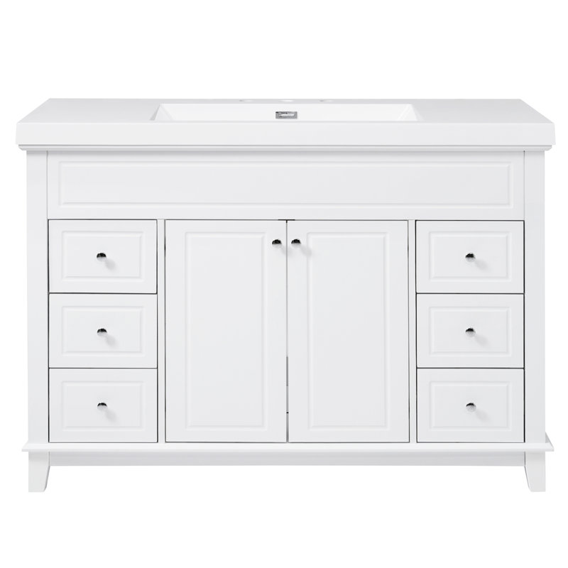 Meuble-lavabo de salle de bain de 122 cm (48 po) avec lavabo en résine, 6 tiroirs à fermeture amortie et portes doubles, blanc