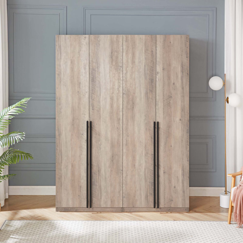 Armoire-penderie autoportante moderne Lee avec tringle, étagères à chaussures et tablette de base en gris rustique