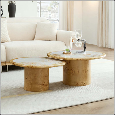 Irregular Coffee Table Set with Burl Wood Veneer and Stone Tops