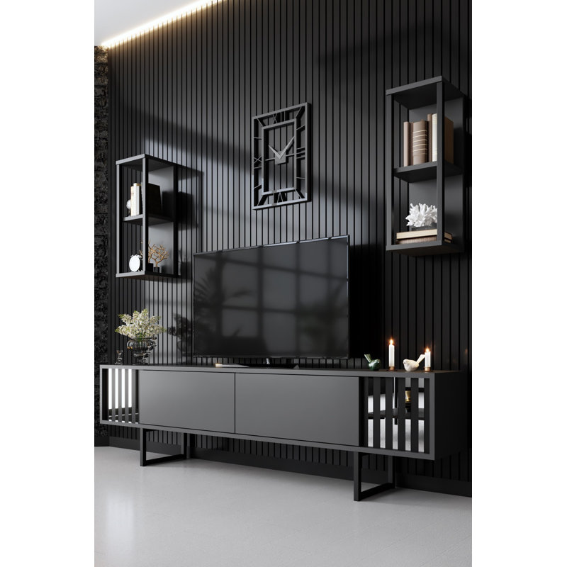 Ensemble de meubles de salon moderne, anthracite et noir, 100% panneau de particules enduit de mélamine, pieds en métal, meuble télé (70,9 x 11,8 x 18,9 po), tablette murale (8,7 x 8,3 x 23,6 po), table basse (31,5 x 31,5 x 15,7 po) Design élégant et durable pour la décoration industrielle