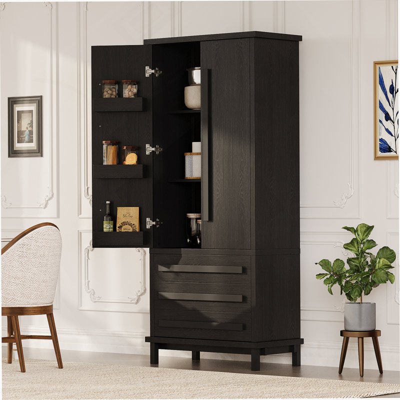 Kitchen Pantry Cabinet With Shelves, Wooden Accent Cabinet With 3 Drawers For Kitchen, Dining Room, Black