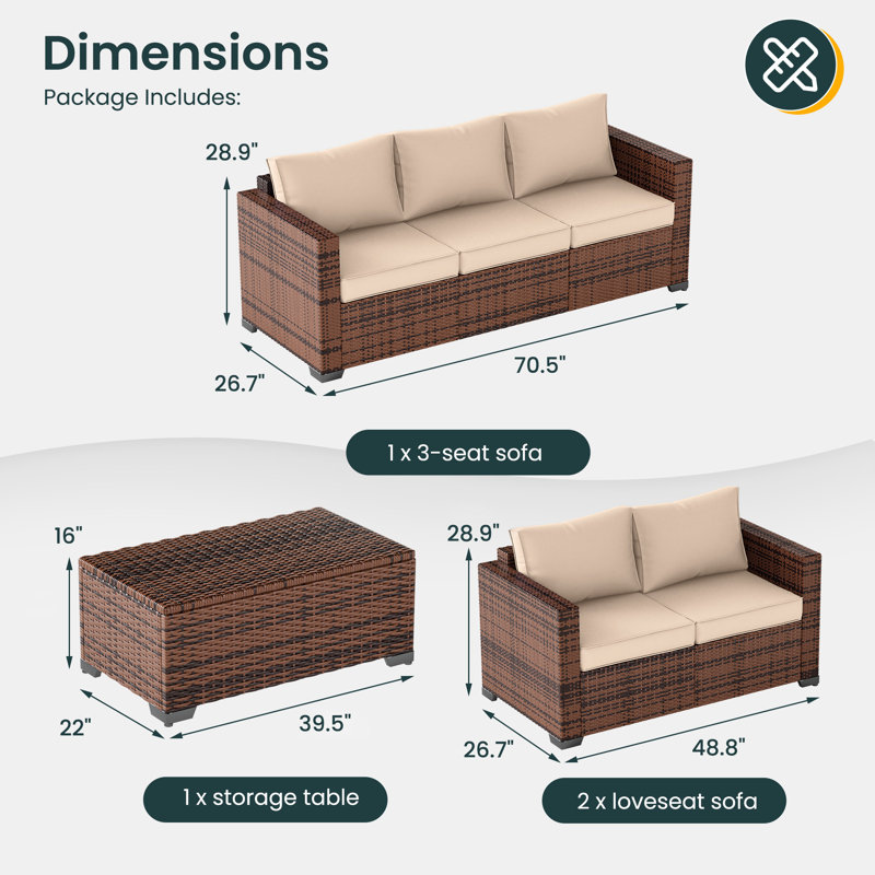 Ensemble de conversation d'extérieur en osier pour 7 personnes avec rangement Azoriah, Kaki