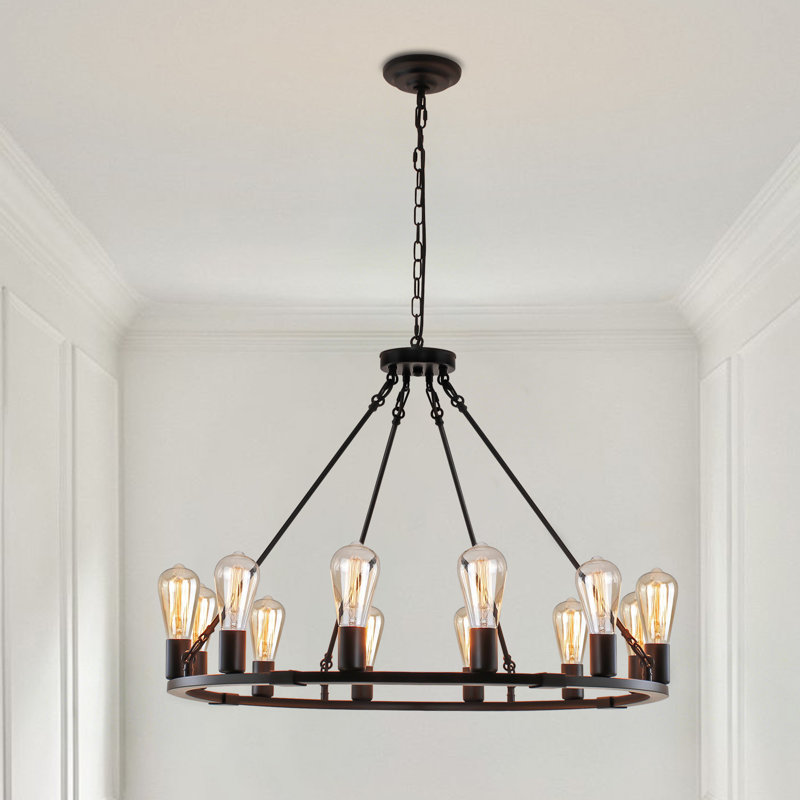 Pravesh 12 - Light Dimmable Wagon Wheel Chandelier, Black