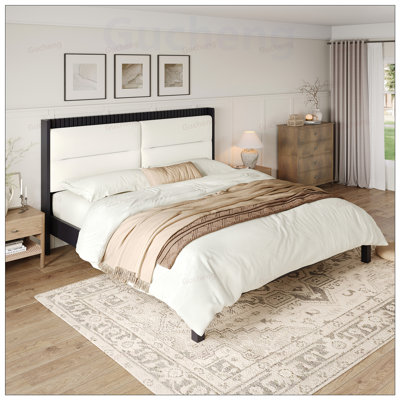 Solid Wood Platform Bed Frame with Velvet Upholstered Headboard, No Box Spring Needed, Elegant and Durable Design