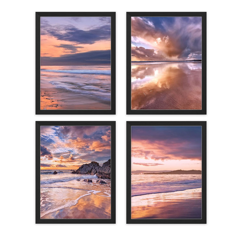 «Vibrant Purple Sunset Beach Shore Horizon», ensemble de 4 décorations murales colorées, impression encadrée sur papier, 4 pièces
