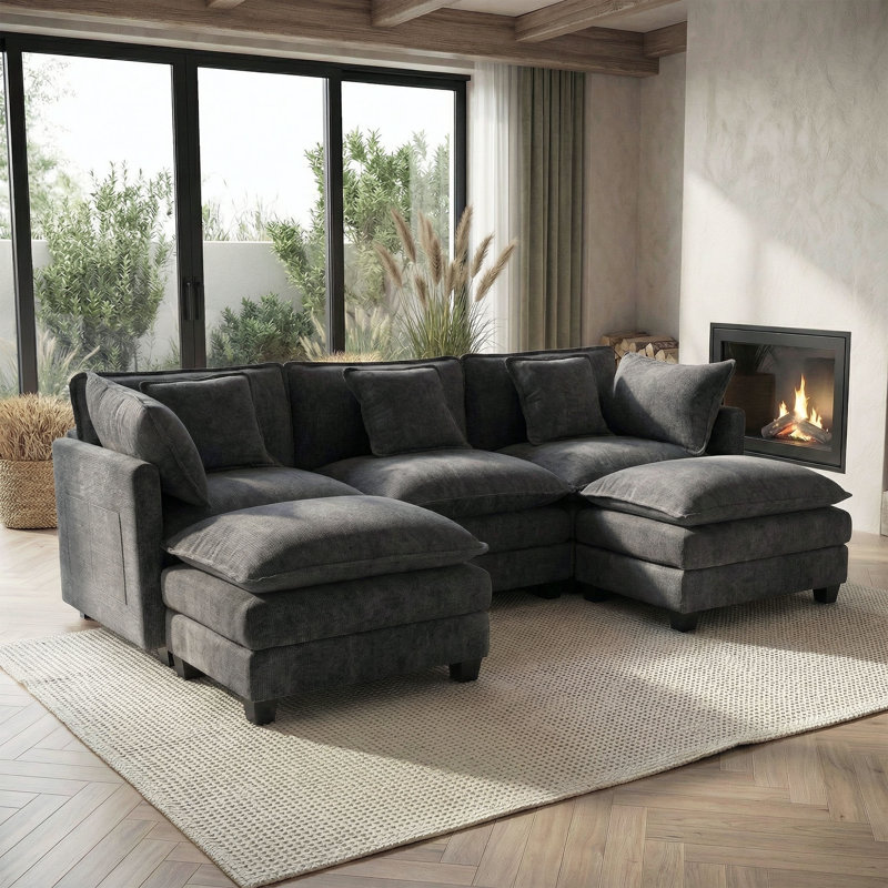 239cm Ultra-Soft Sofa with 2 Ottoman, Grey