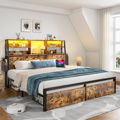 3-Tier Headboard Shelves Bed with RGB LED Headboard and Noise-Free Design - Full, Queen, King Sizes