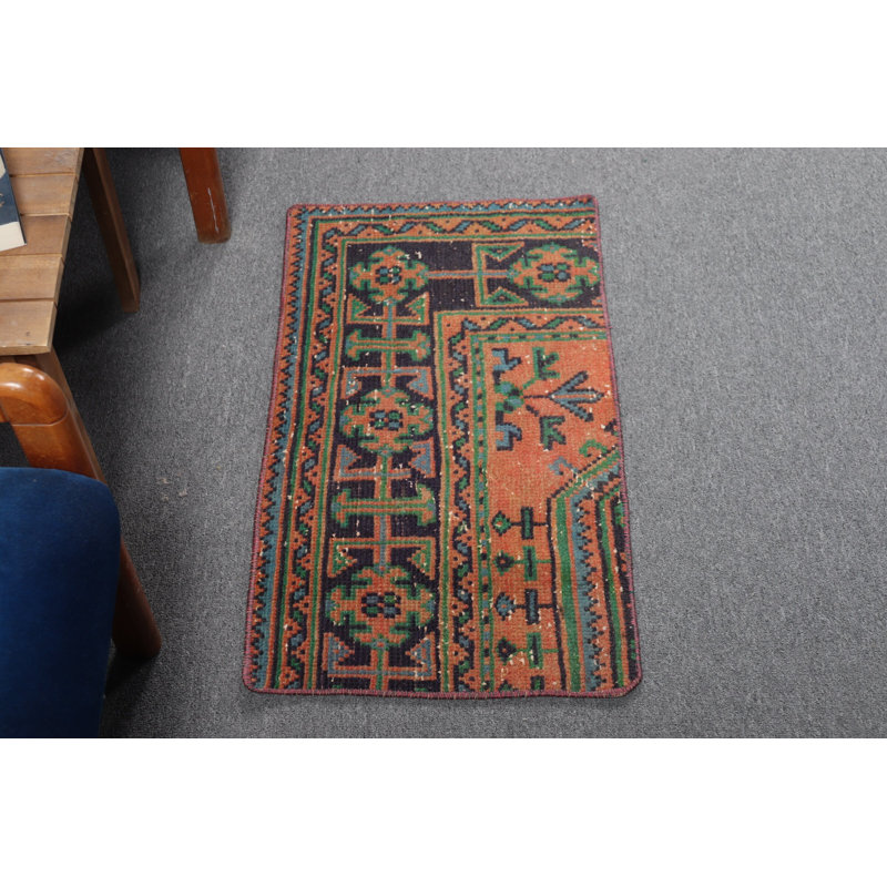 Antique Blue Turkish Anatolian Rug - Charming Small Bath Mat for Bathroom Decor