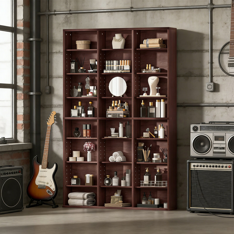 8-Tier Tall Display Cabinet, Walnut, Adjustable Shelves, For DVD, Manga Storage, For Living Room, Home Office, Brown