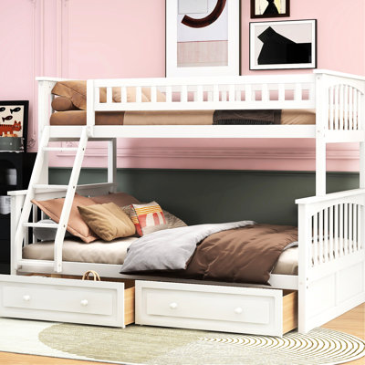 Lit superposé convertible simple au-dessus d'un lit double avec tiroirs en blanc, base en bois de pin, conception, coffre-fort, tiroirs blancs, base solide, garde-corps de protection, facile à utiliser