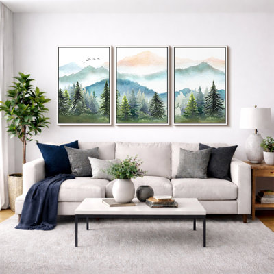 «Woodland Forest Landscape», aquarelle verte, arbre de pin pastel de montagne, images murales rustiques neutres et modernes, impression d'art sur toile encadrée, ensemble de 16 pièces x 16 po x 3 pièces, 24 po x 36 po x 3 pièces