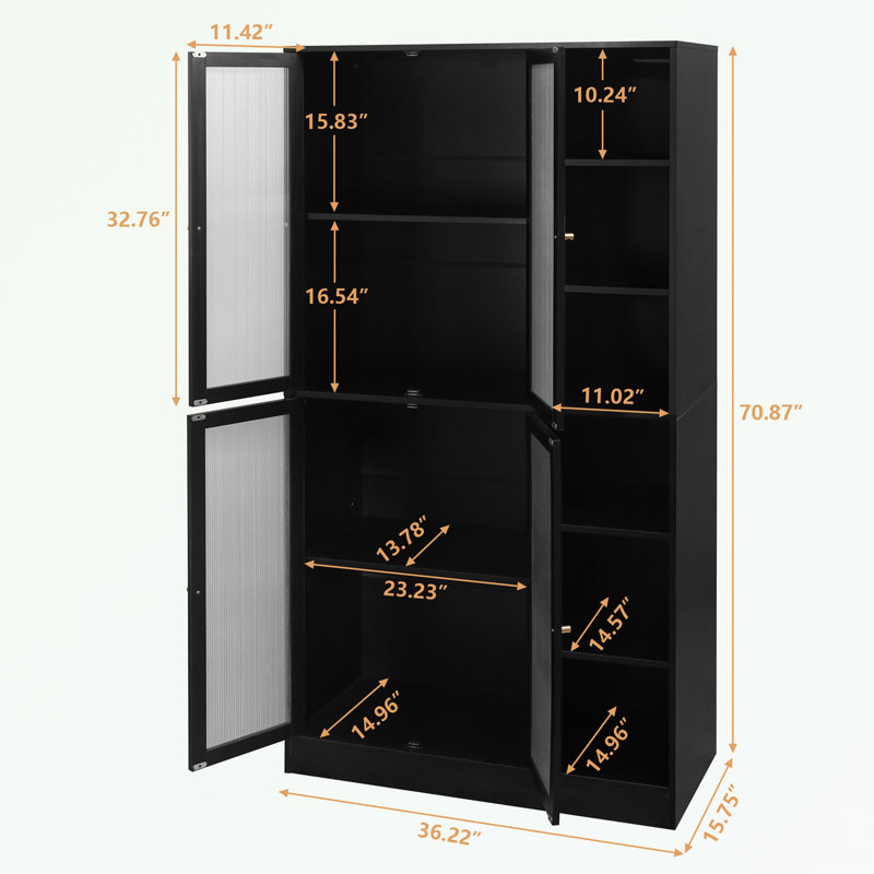 Armoire de cuisine, armoire de cuisine de 71 po de hauteur avec portes et tablettes réglables, Noir