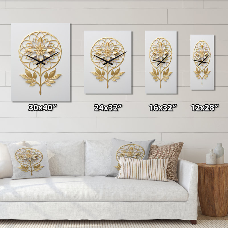 Fleur de vie dorée élégance I - Botanicals abstraites très grandes horloges murales, H 32 po x l 16 po x P 1 po