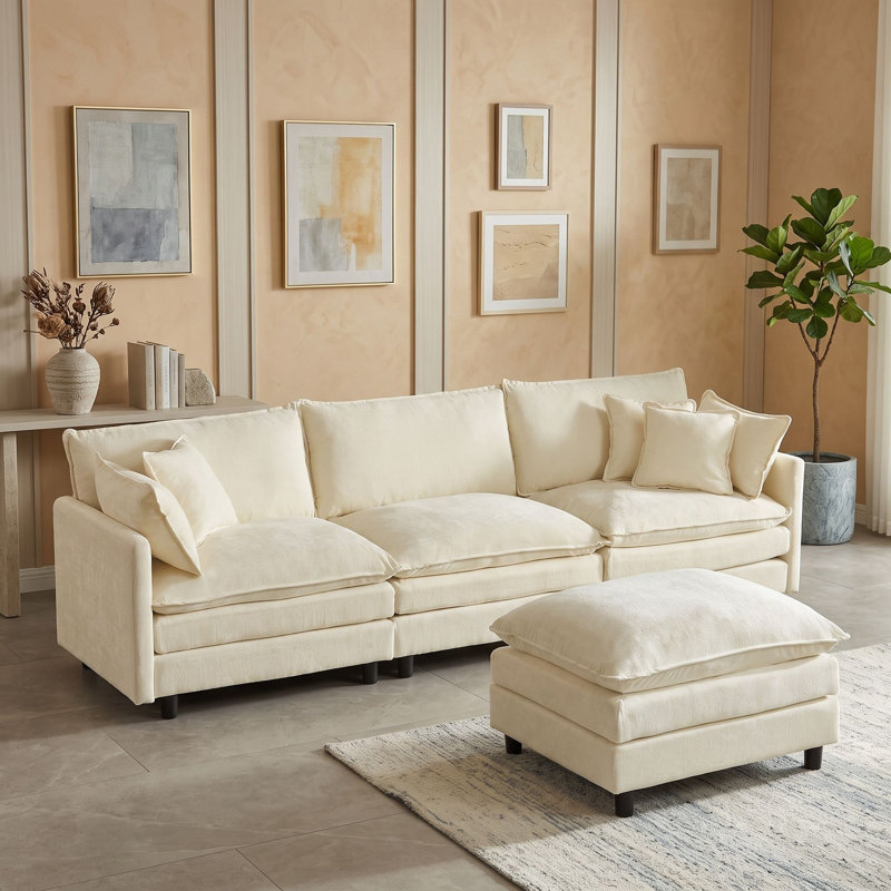 Canapé modulaire avec coussins de siège et repose-pieds mobile, Beige