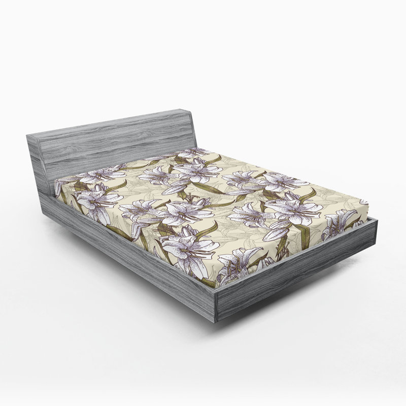 Drap-housse Ambesonne, Vert olive, chameau pâle / floral, Drap-housse très grand californien