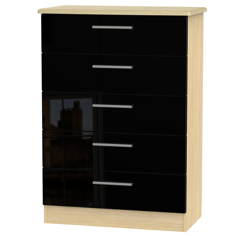 Fully Assembled Yvette 5 Drawer Chest, Oak/Black