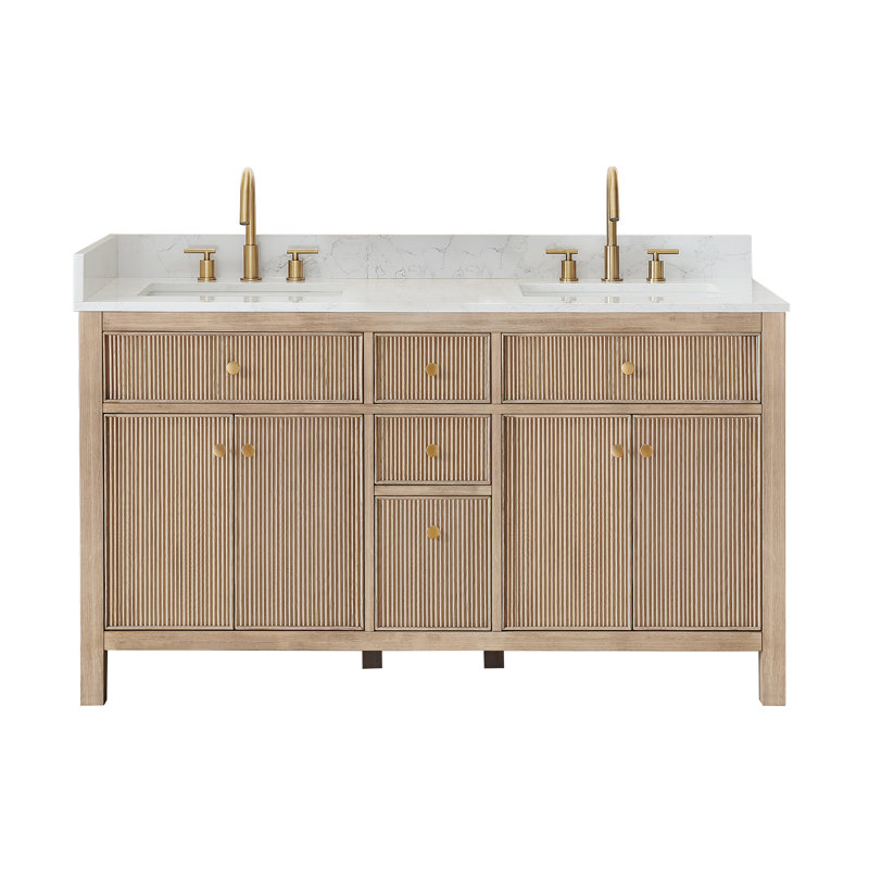 Lala 60" Double Bathroom Vanity with Grain White Engineered Stone Countertop without Mirror, Nature Oak