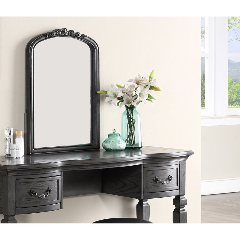 Contemporary Bedroom Vanity With Wood And Storage Stool - Modern Style Classic Nailhead Trim Mirror Included