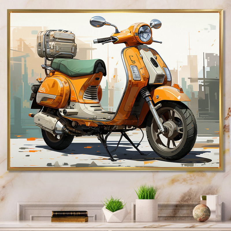 Orange Scooter Caf Racer - imprimé, H 16 po x l 32 po x P 1 po, Cadre flottant doré